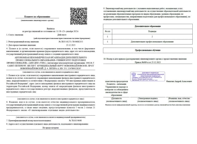 Лицензия Комитета по образованию Санкт-Петербурга