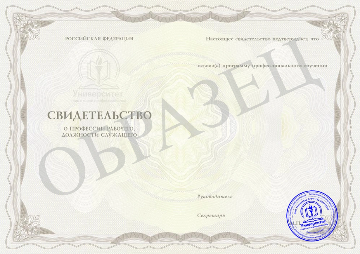 Образец Свидетельство о профессии рабочего, должности служащего 2